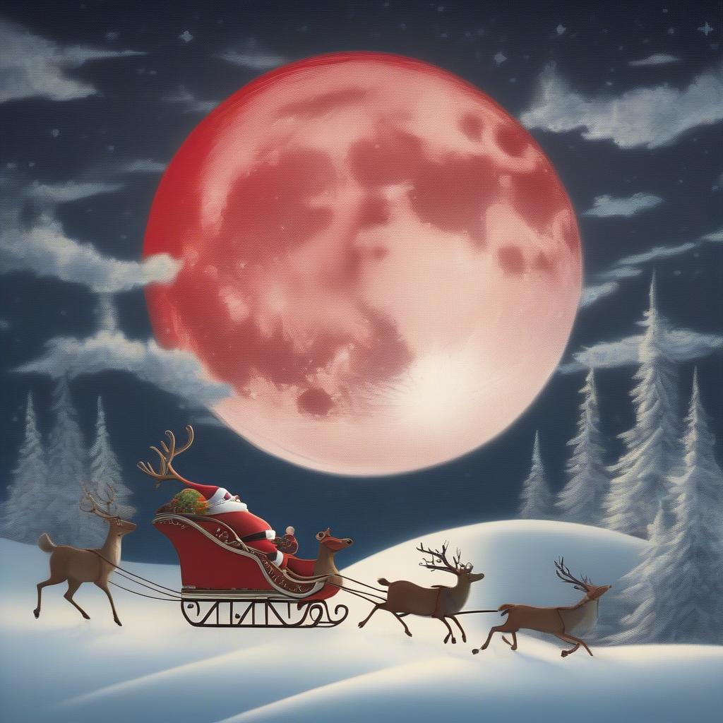 Rudolph the Red-Nosed Reindeer leading Santa's sleigh.