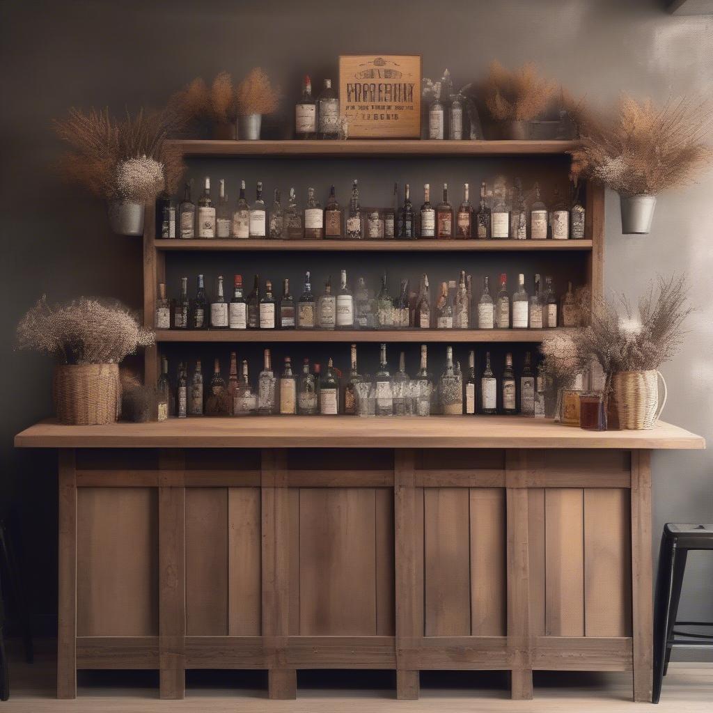 Rustic bar wall decor featuring wicker baskets and vintage signs.