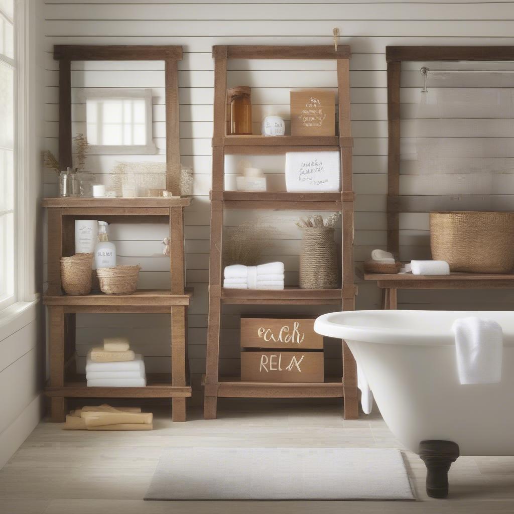 Rustic bath signs add a charming farmhouse touch to the bathroom.