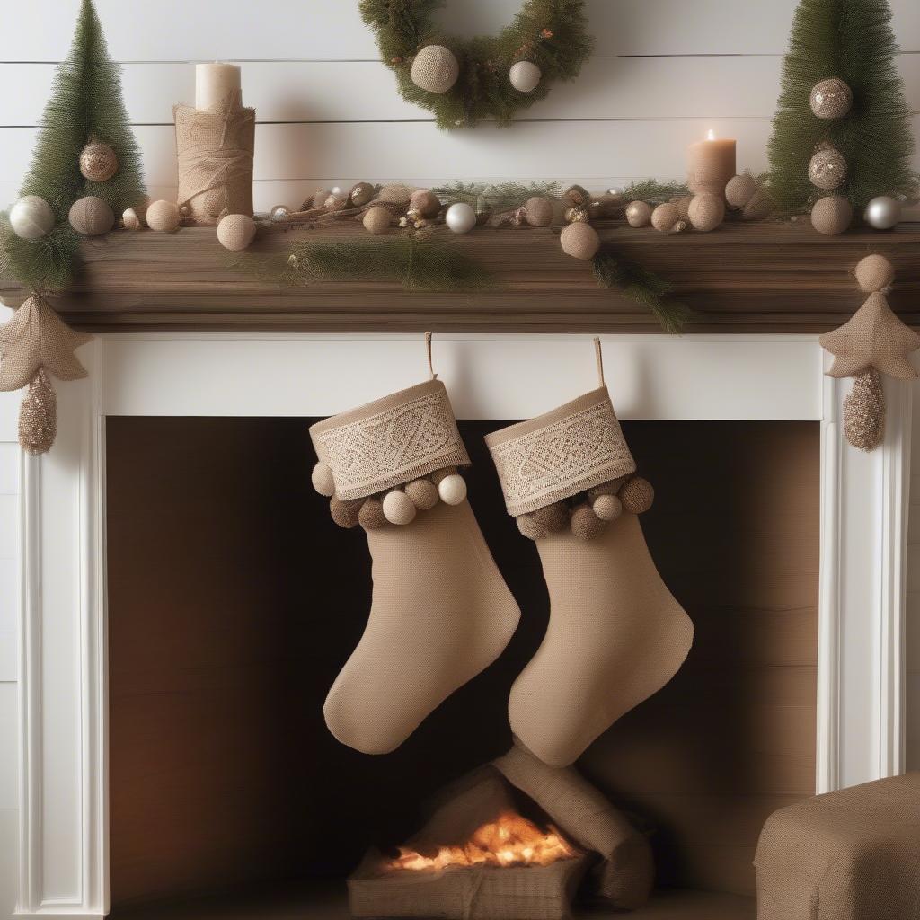 Rustic Burlap Christmas Stockings with Natural-Toned Pom Poms