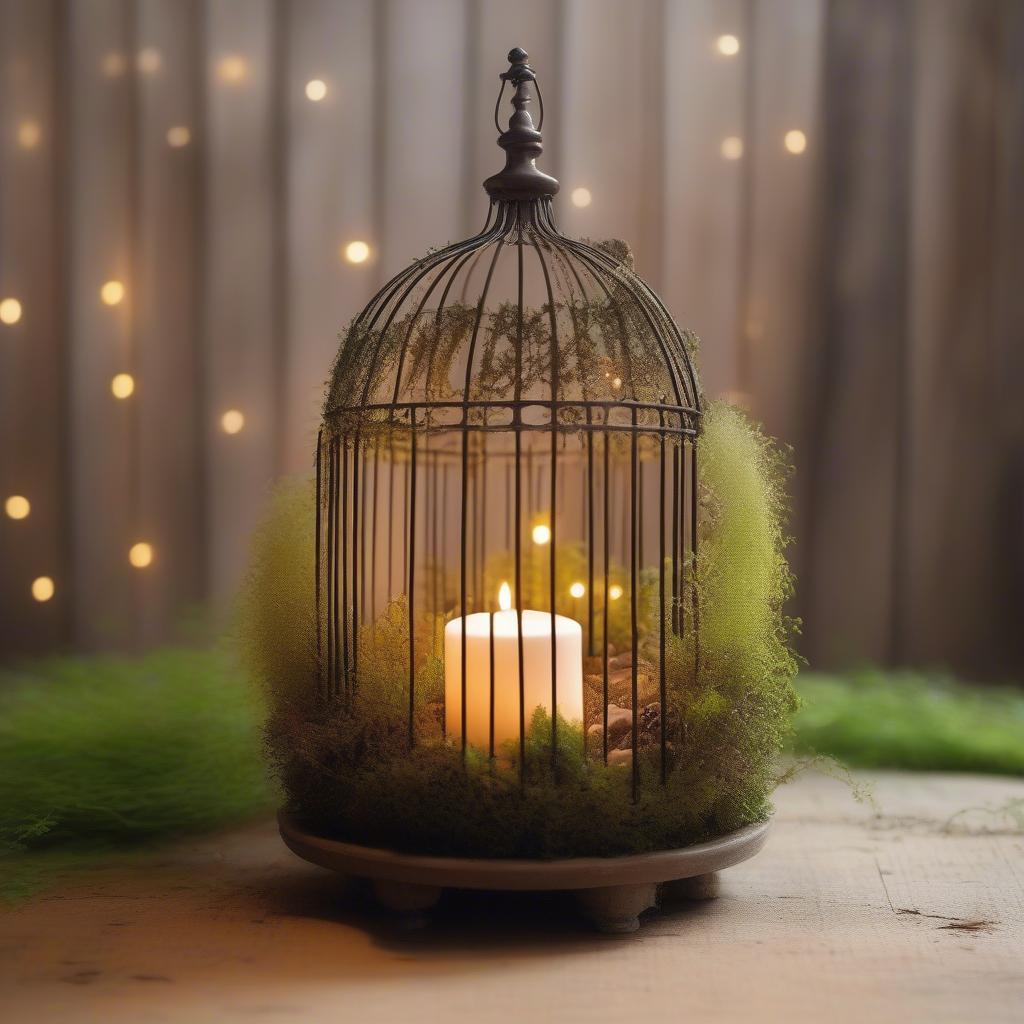 Rustic candle garden using a decorative bird cage with mini bottlebrush trees