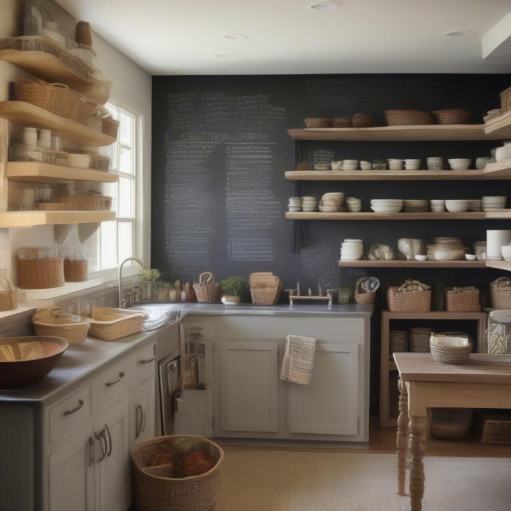 Rustic kitchen with chalkboard wall and wicker baskets