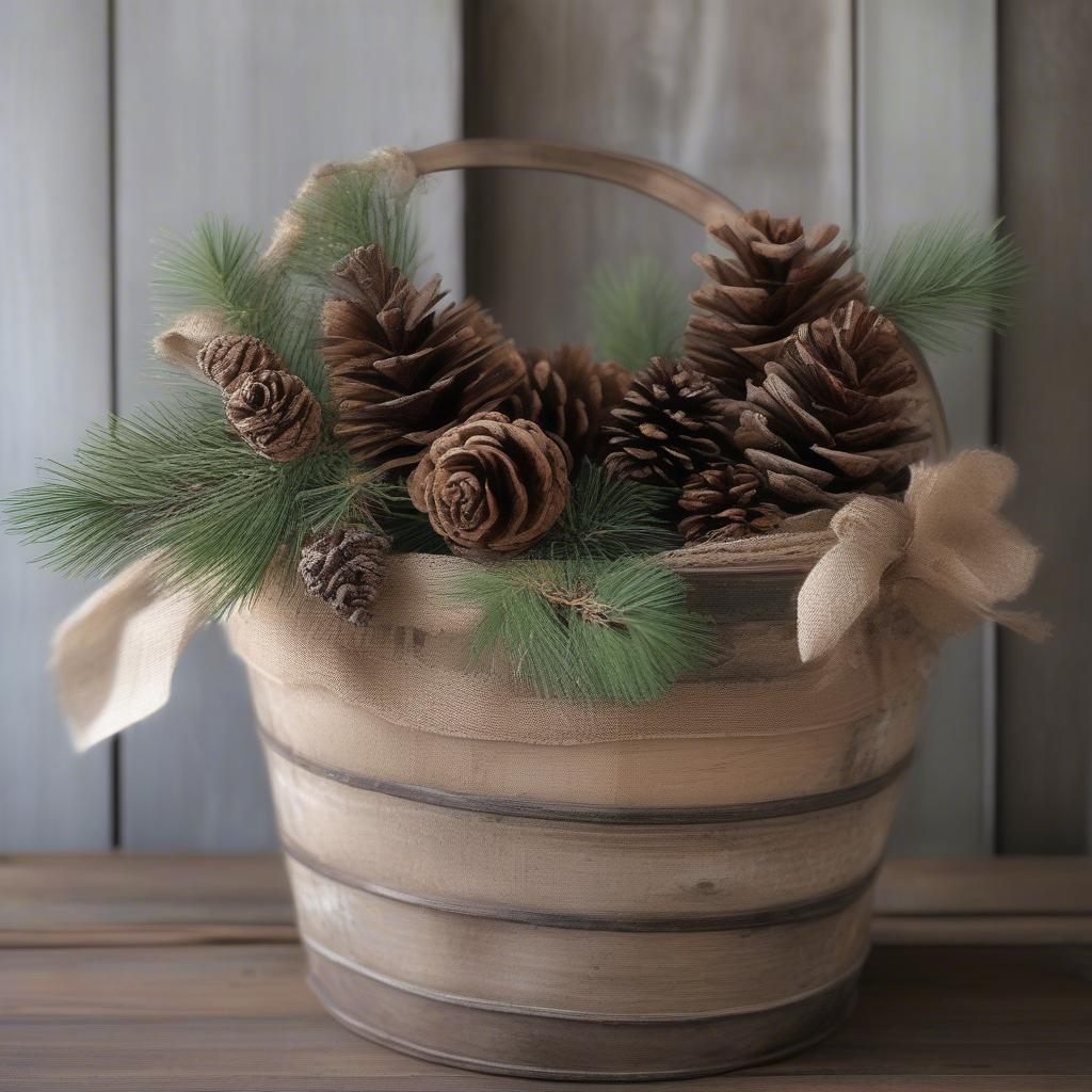 Rustic Christmas Bucket with Birch Branches and Pinecones