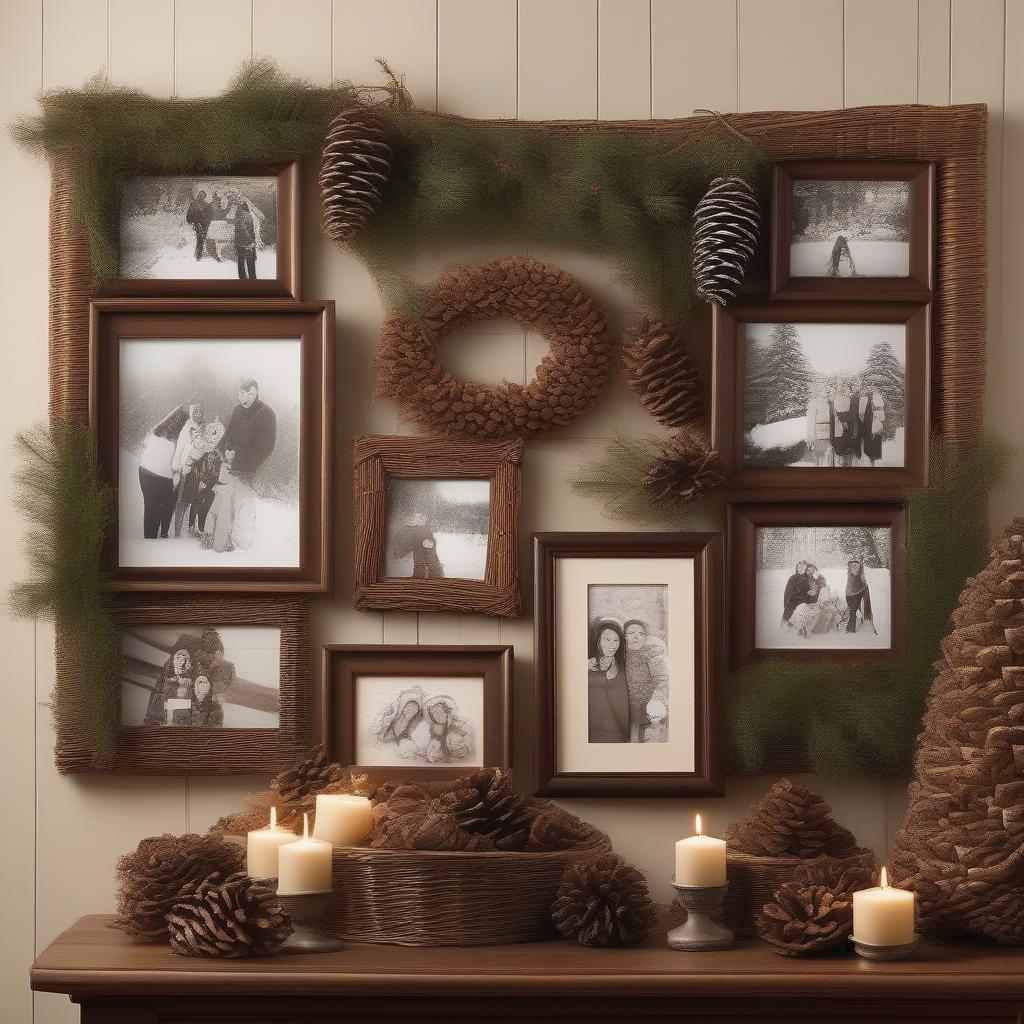 Rustic Christmas photo wall featuring wicker frames and natural elements like pine cones and evergreen branches.