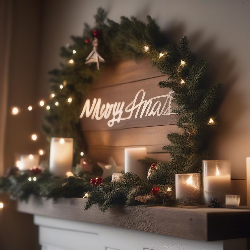 Rustic Christmas signs decor with festive greenery and warm lighting.