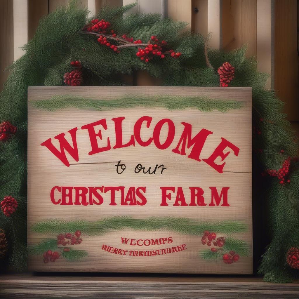 Rustic Christmas Tree Farm Sign made of wood with festive garland and red lettering welcoming visitors.