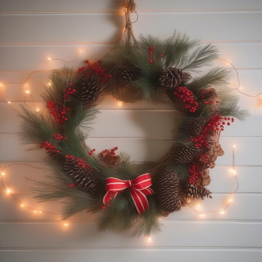 Rustic Christmas wall decor featuring a wicker wreath adorned with pinecones and berries.