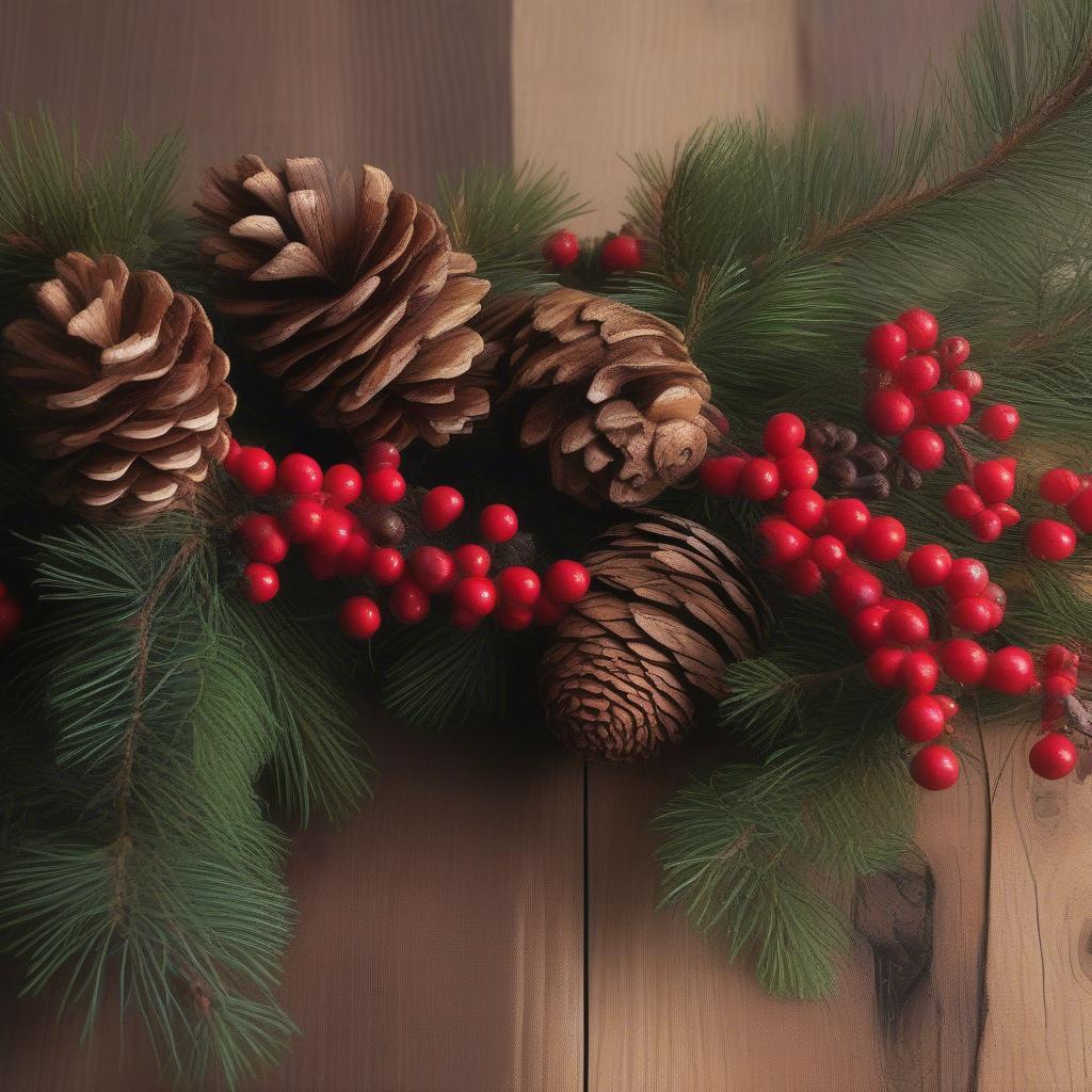 Rustic Christmas Wood Decor with Pine Cones and Berries