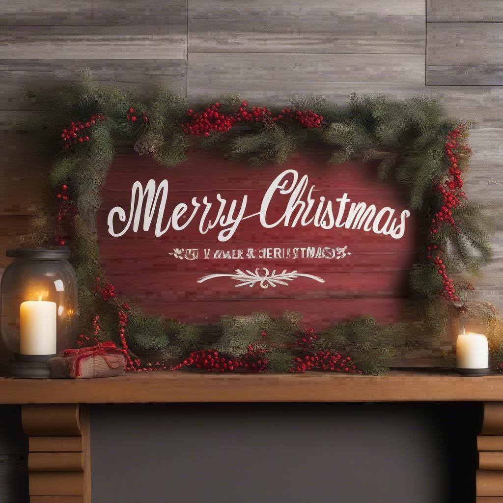 Rustic Christmas Wooden Sign with Pine Branches and Berries