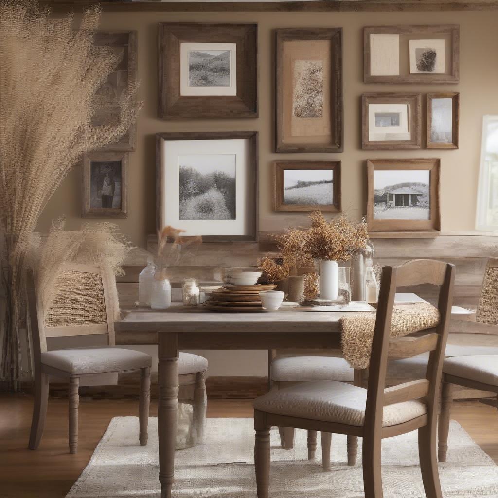 Various rustic style picture frames in a dining room with woven placemats and wooden furniture.