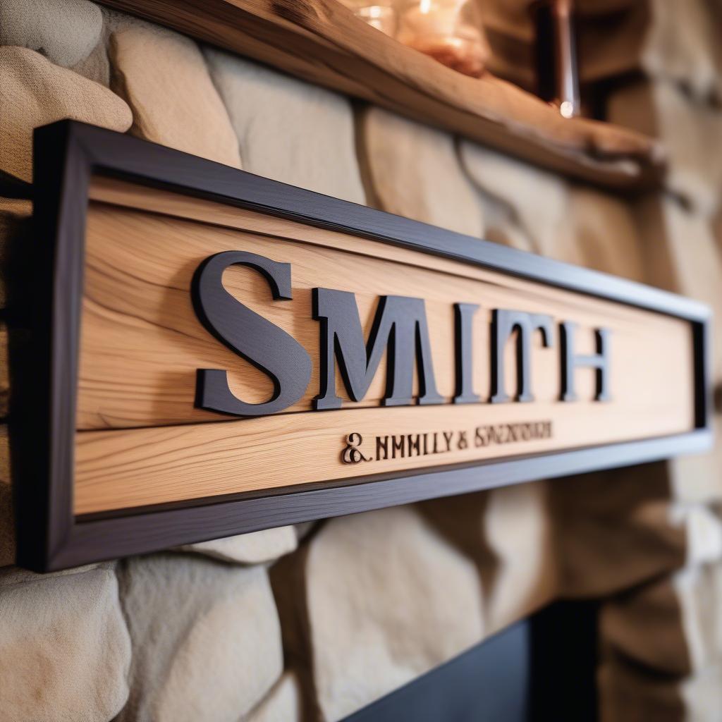 Rustic Family Name Sign Above Fireplace