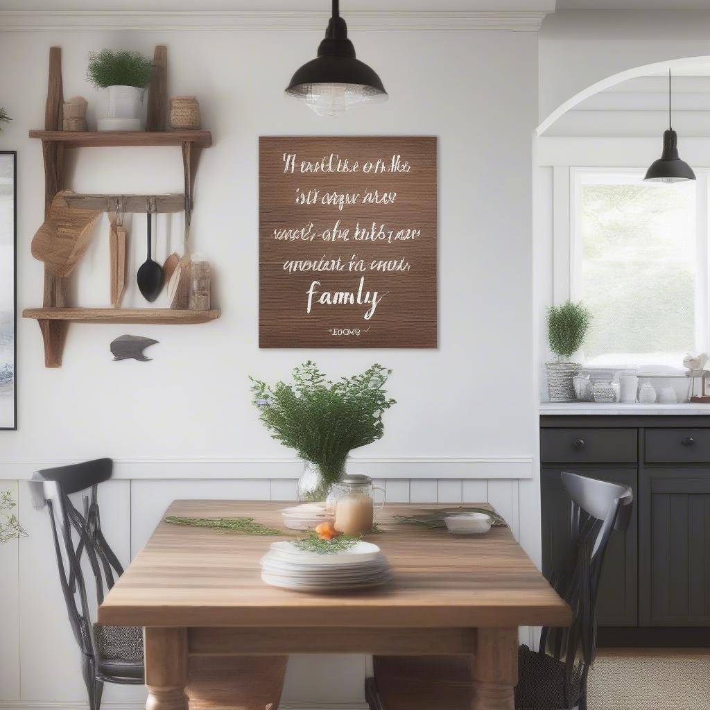 A rustic wooden sign displaying a family quote in a kitchen setting, adding warmth and character to the space.