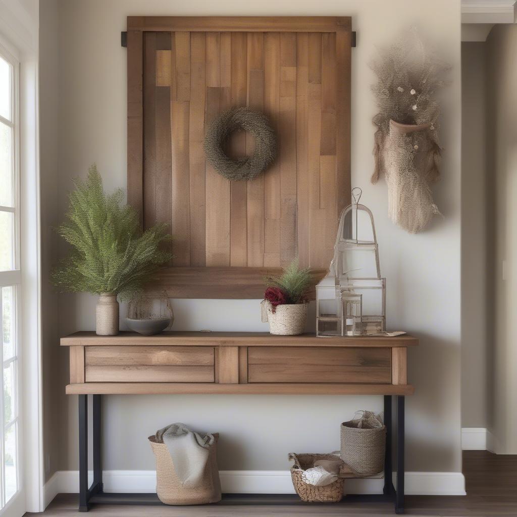 A rustic family wooden wall hanging in an entryway, creating a welcoming atmosphere.