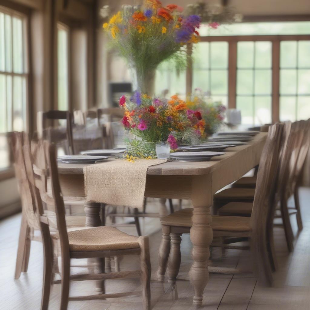 Rustic Farmhouse Table with Burlap Tablecloth and Floral Centerpiece