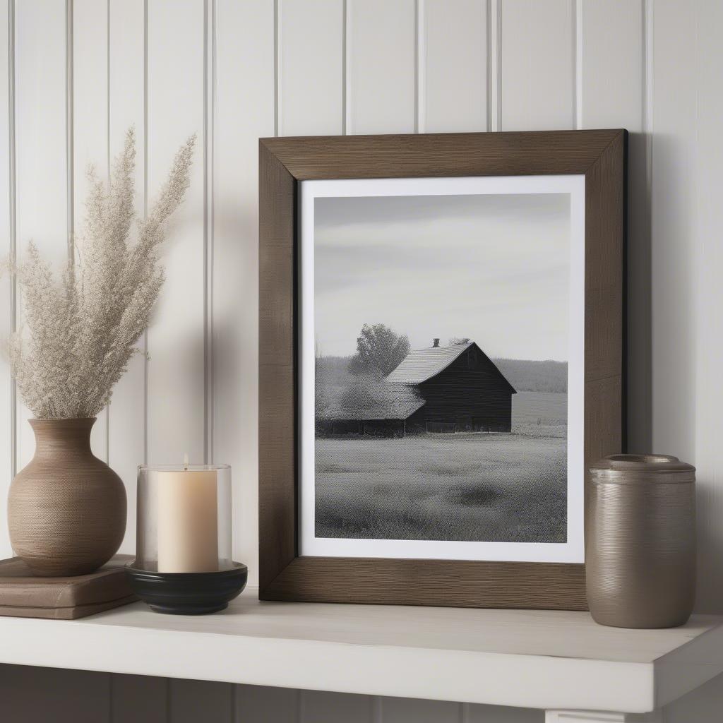 An 11x14 rustic wooden frame displayed in a farmhouse style living room