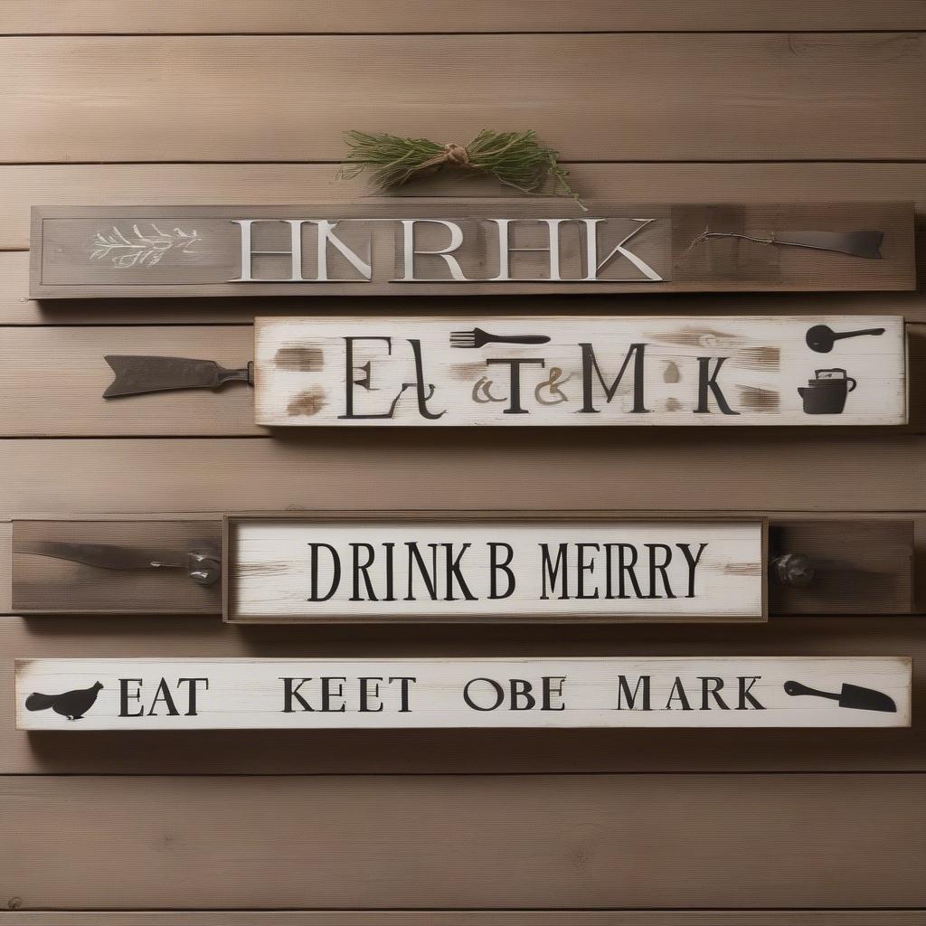 Rustic kitchen signs made of wood and metal, displaying common kitchen phrases and imagery.