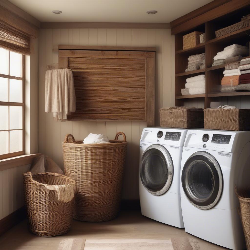 Rustic laundry room with wicker hamper and vintage-inspired wall art.