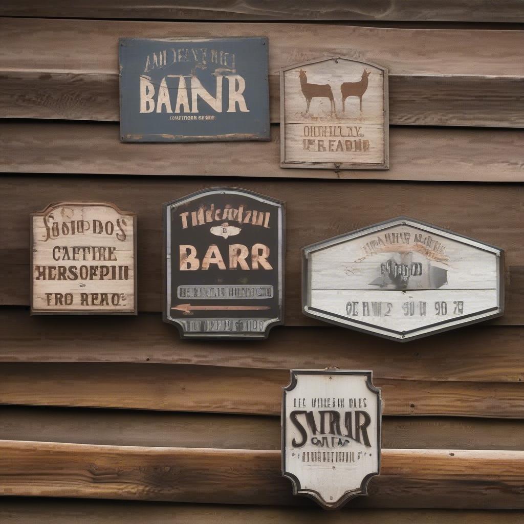 Rustic Metal Barn Signs Displayed on a Barn Wall