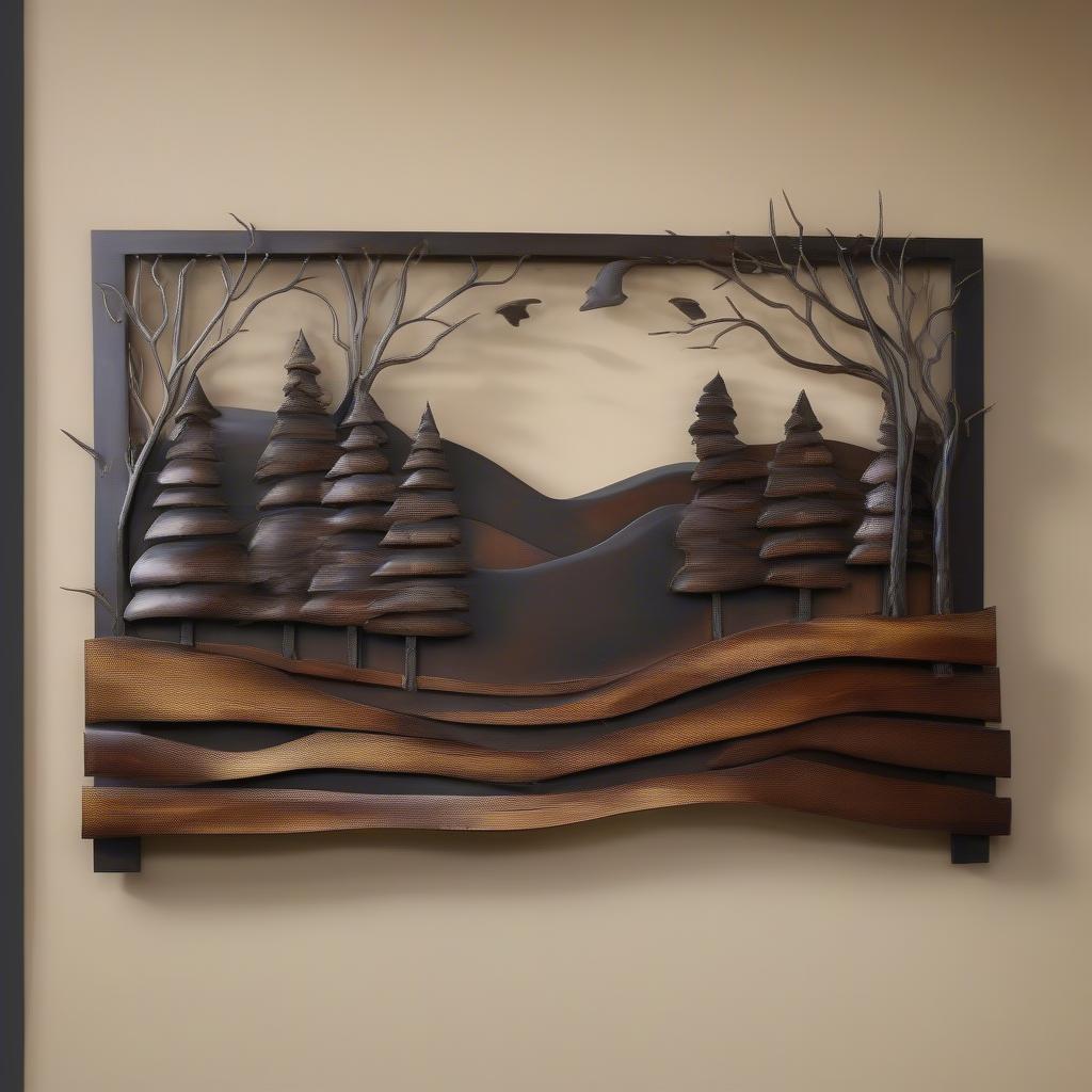 Rustic Metal and Wood Wall Sculpture Depicting a Forest Scene