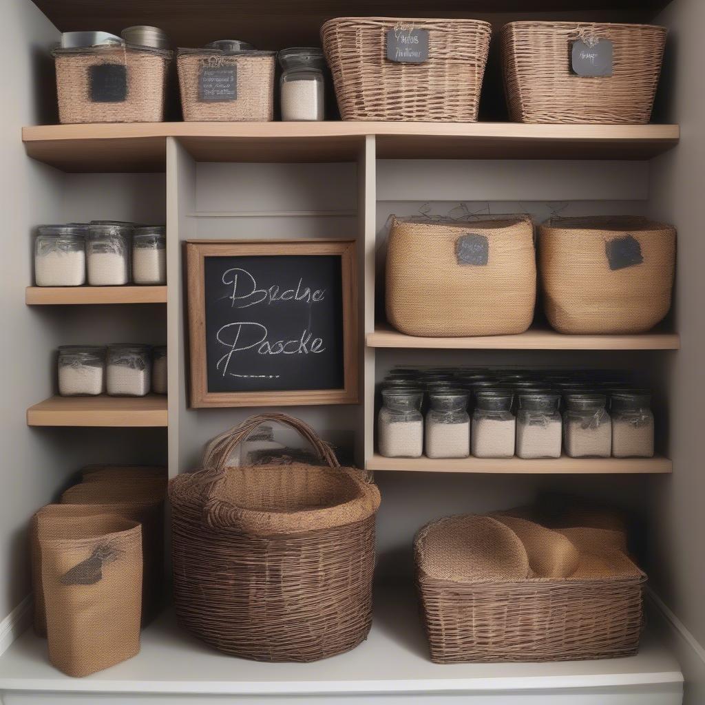 Rustic pantry with wicker baskets and chalkboard tags