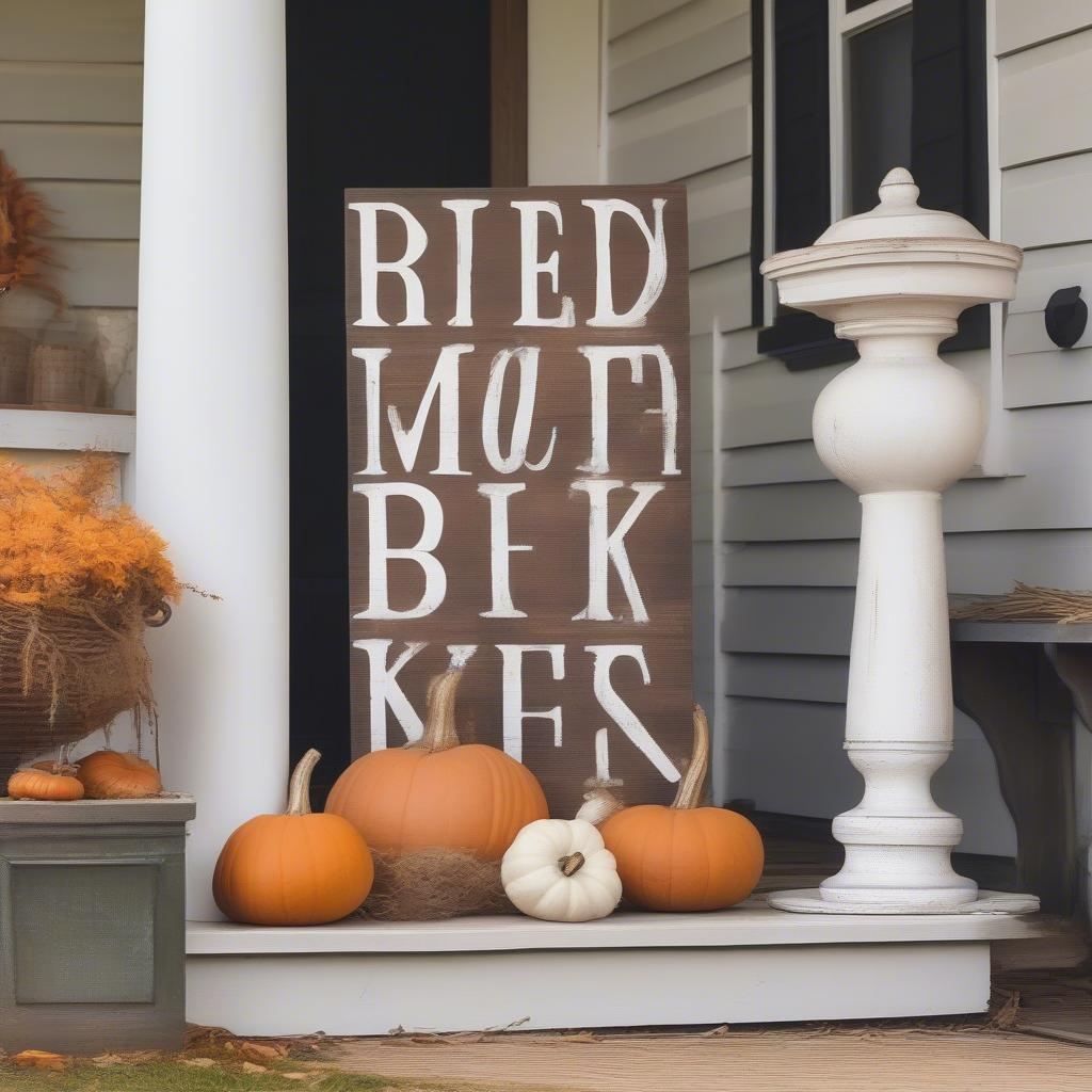 Rustic Pumpkin Sign on a Farmhouse Porch