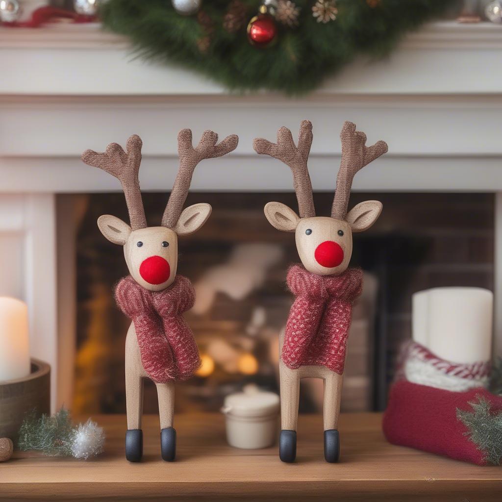 Rustic Reindeer Stocking Holders Displayed on a Mantel