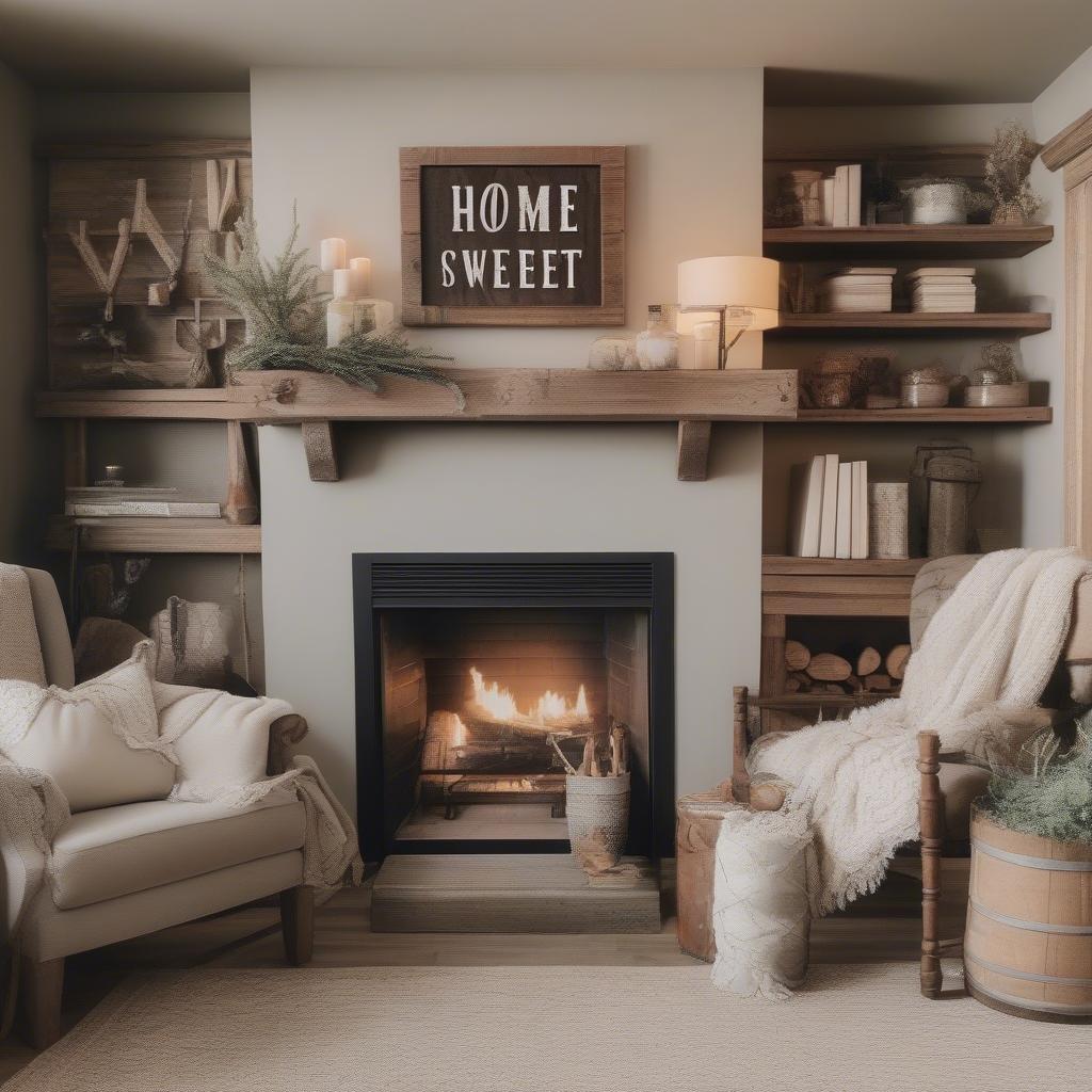 Rustic signs add warmth to a living room