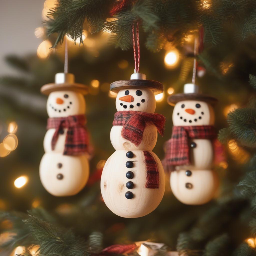 Rustic Snowman Wood Ornaments Hanging on a Christmas Tree