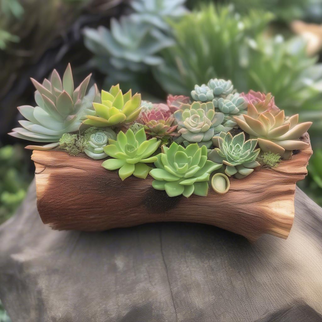 Succulents thriving in a rustic tree log planter