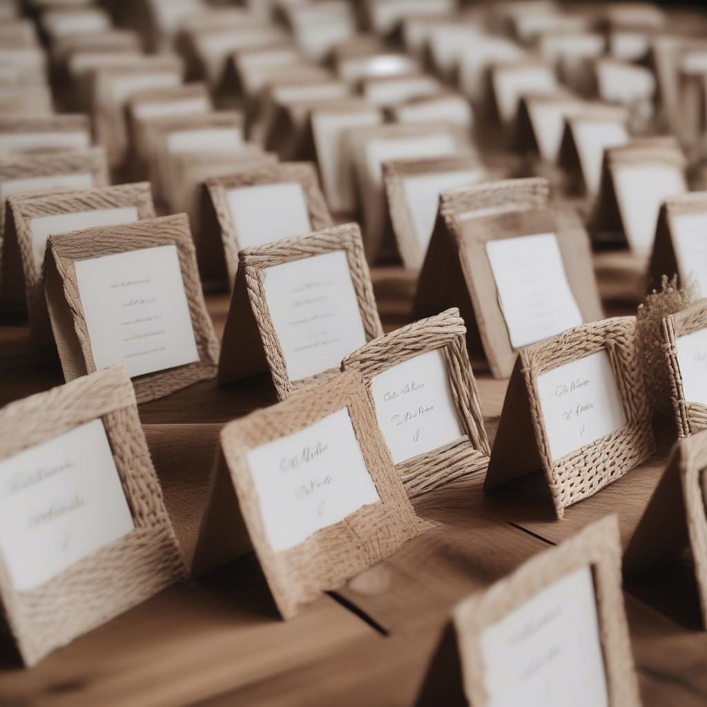 Rustic wedding table card holders made from wicker and wood slices.