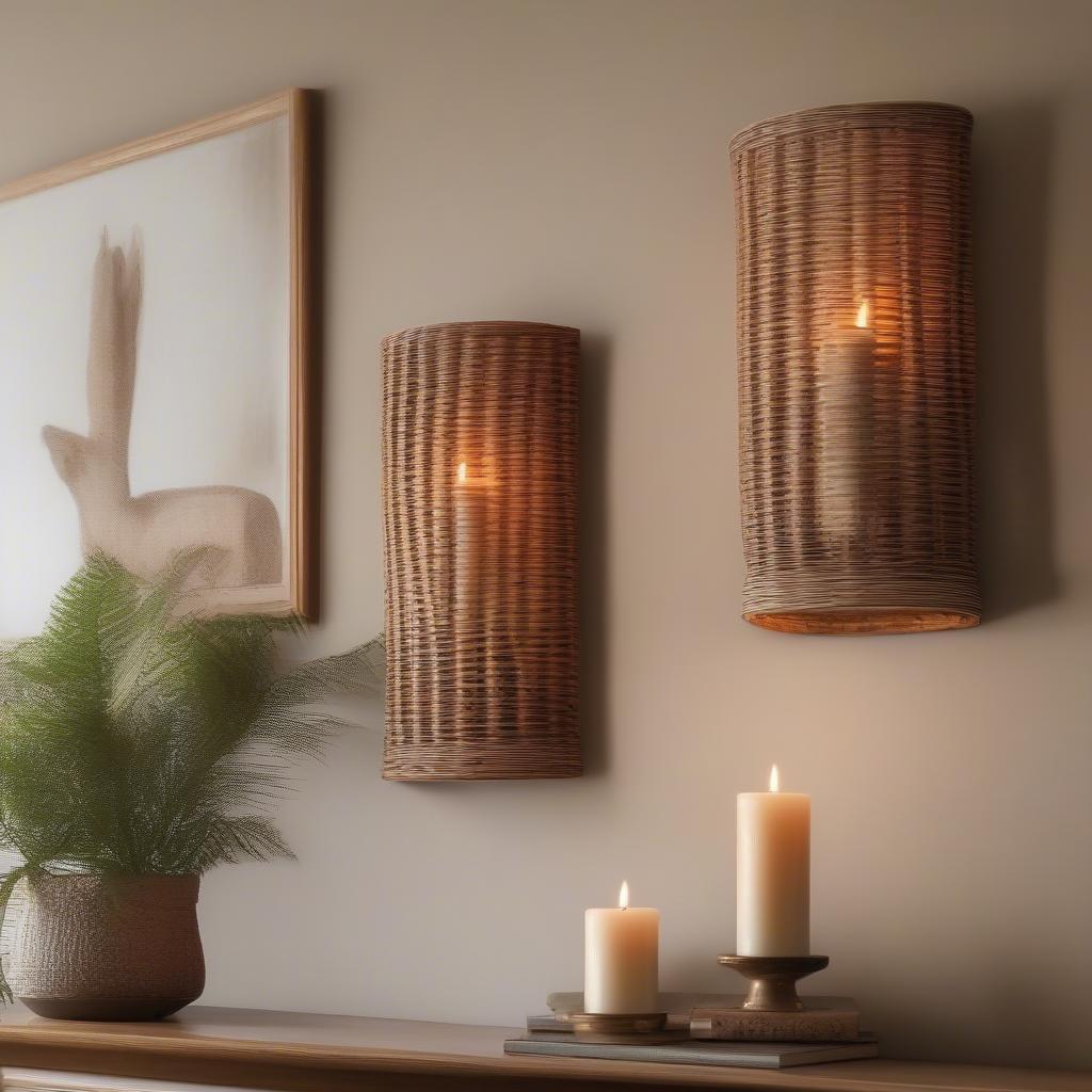 Rustic wicker candle sconces add a touch of warmth to a living room wall.