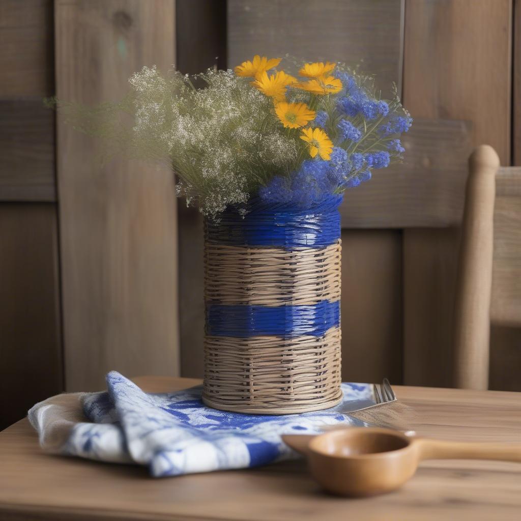 Rustic Wicker Cobalt Blue Utensil Holder with Flowers