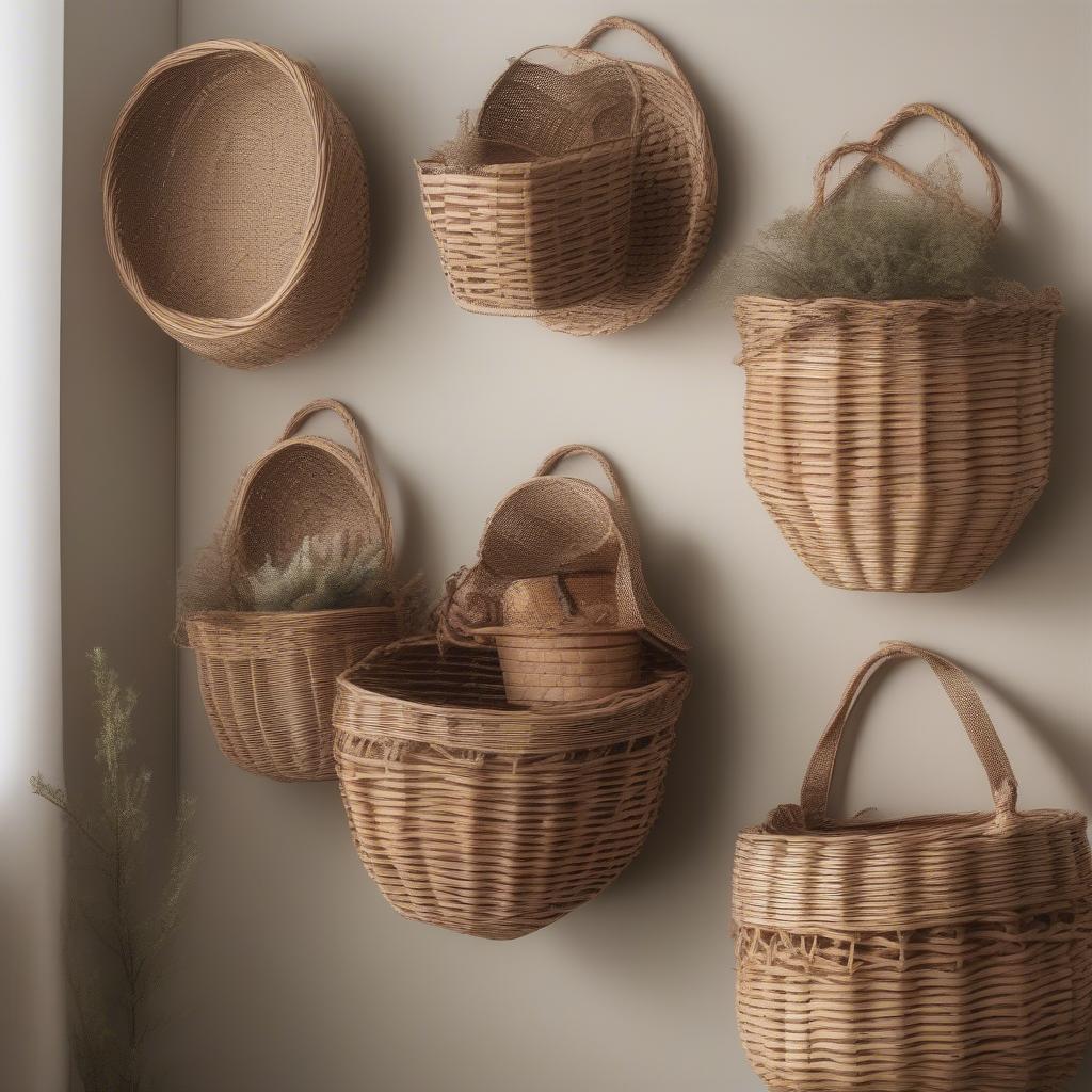 Rustic wicker wall baskets adding warmth and texture to a small living room wall.