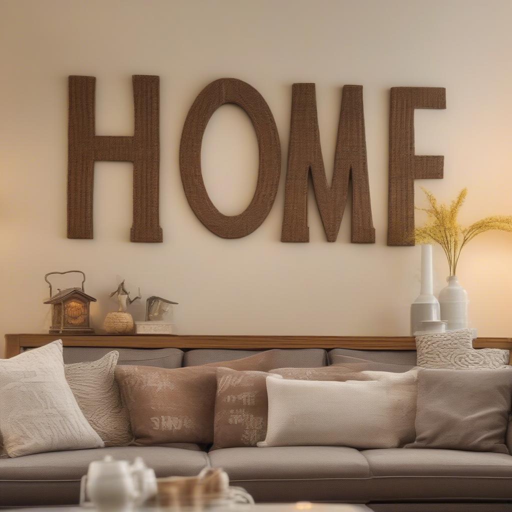 Rustic wicker word art saying "Home" hanging above a fireplace in a cozy living room