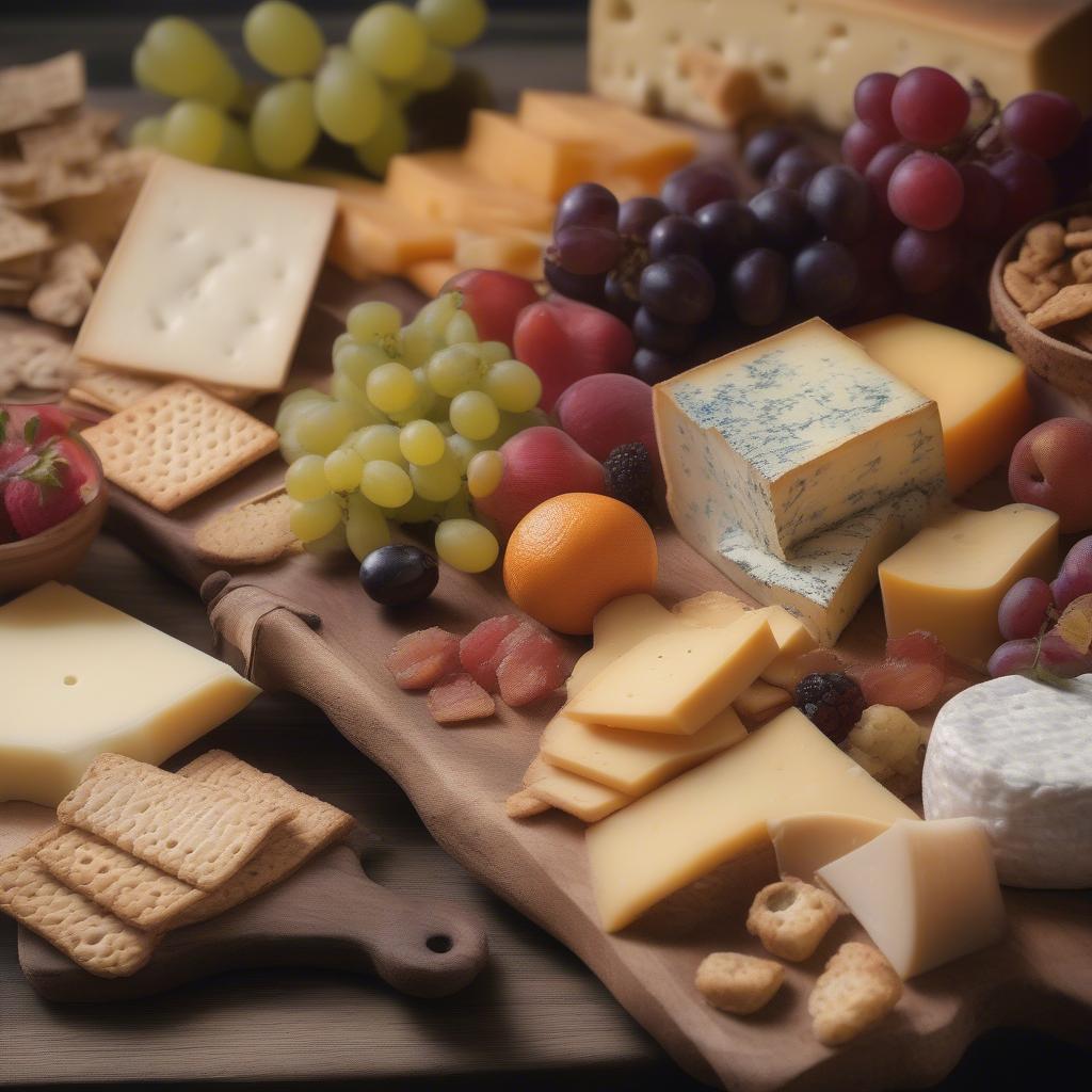 Rustic wood board used as a serving platter for cheese and crackers.