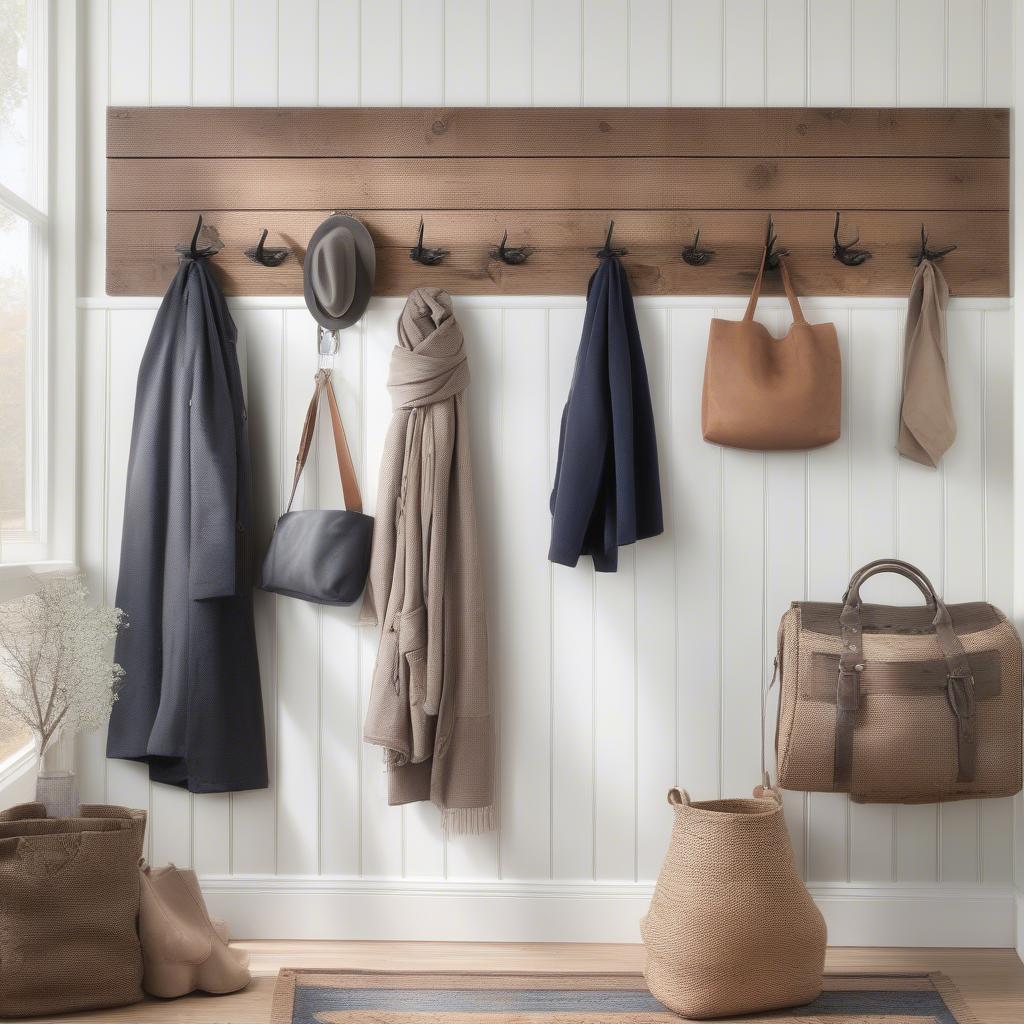 Rustic wood coat hooks in a modern farmhouse entryway