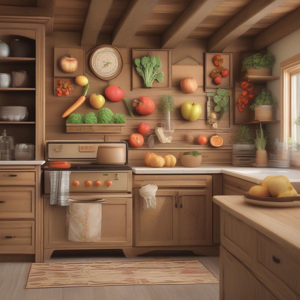 Rustic wood cutout wall decor adds charm to a farmhouse-style kitchen, featuring fruits and vegetables.