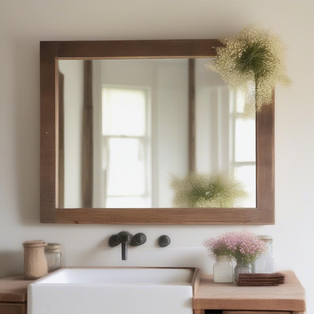 Rustic Wood Framed Mirror in a Bathroom