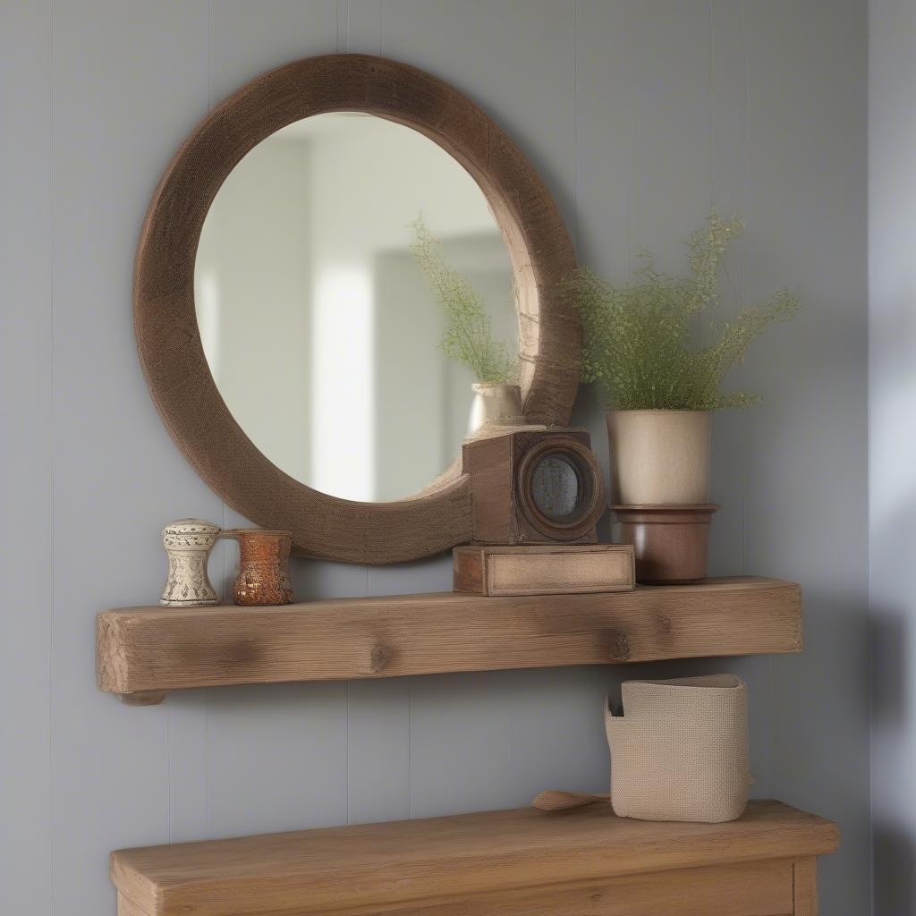 Rustic small wood framed mirror in an entryway