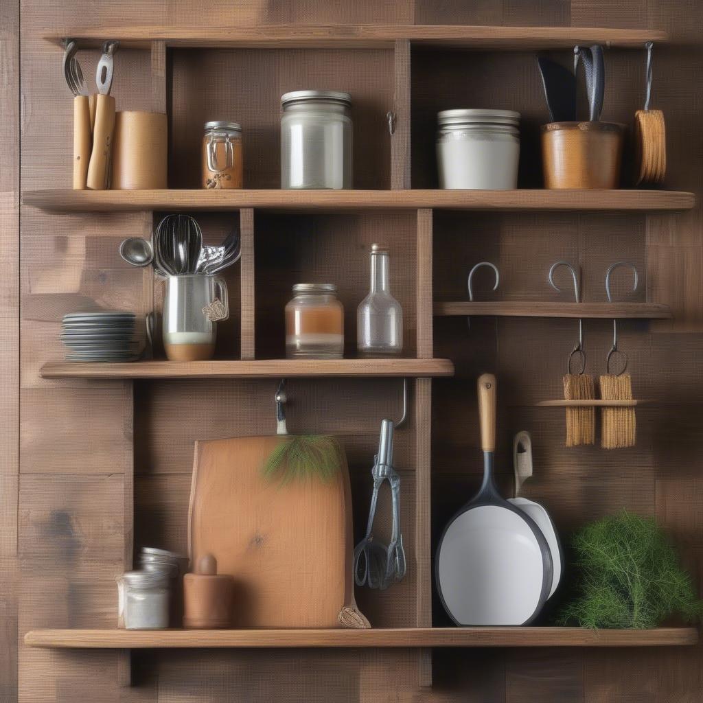 Rustic Wood Kitchen Wall Decor with Shelves and Utensils