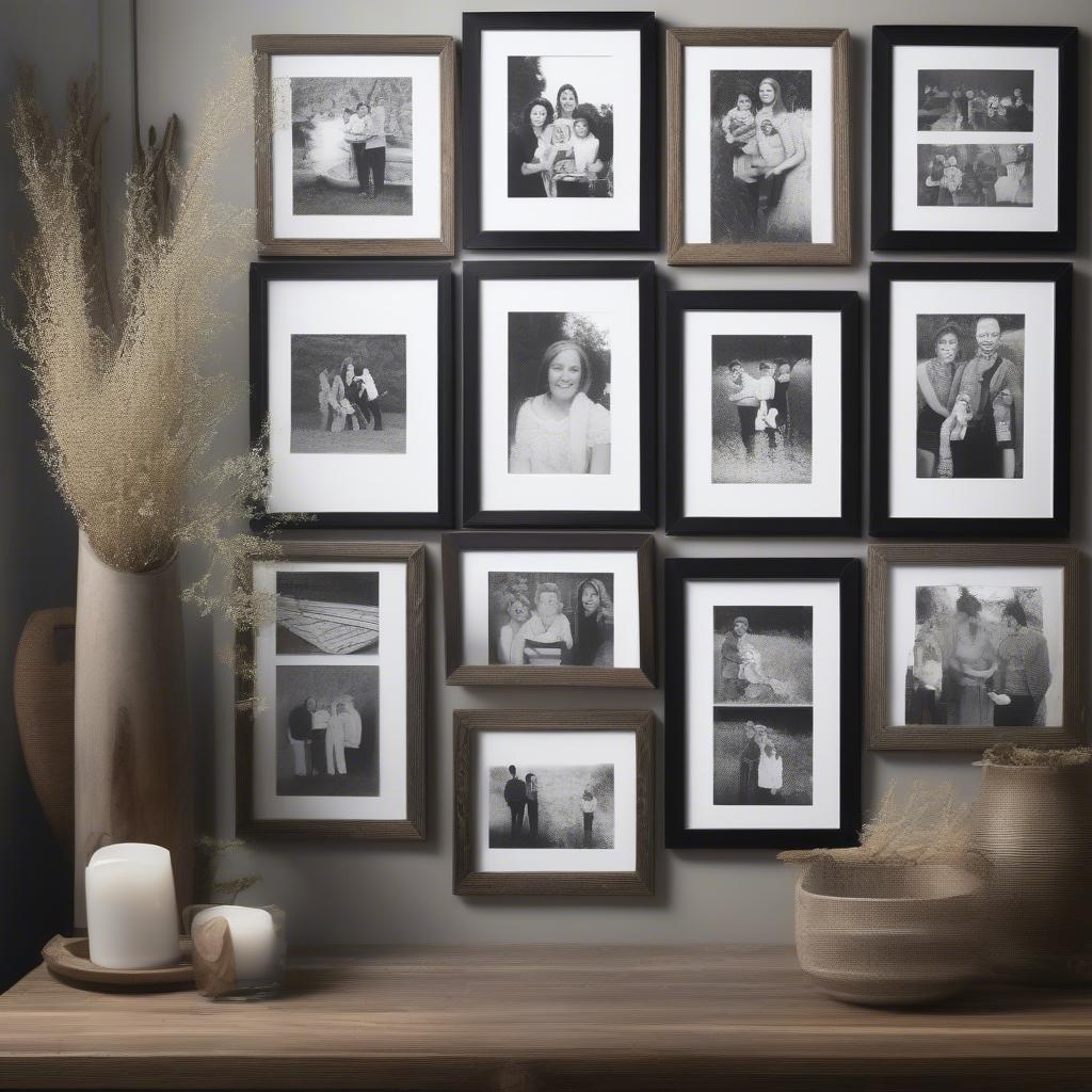 Rustic wood photo frames displaying a collection of cherished family photos on a living room wall.