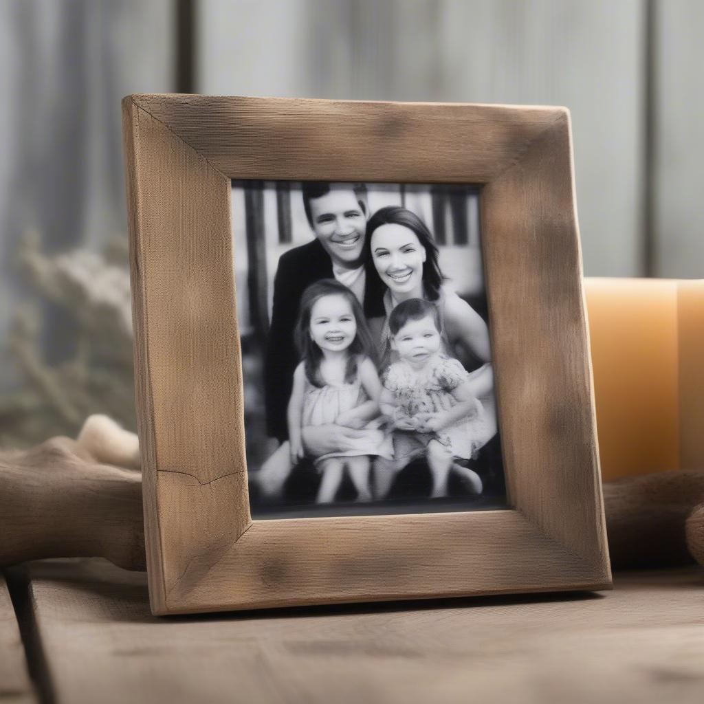 Rustic wood picture frame displaying a cherished family photo on a wooden table, showcasing the warmth and natural beauty of wood frames.