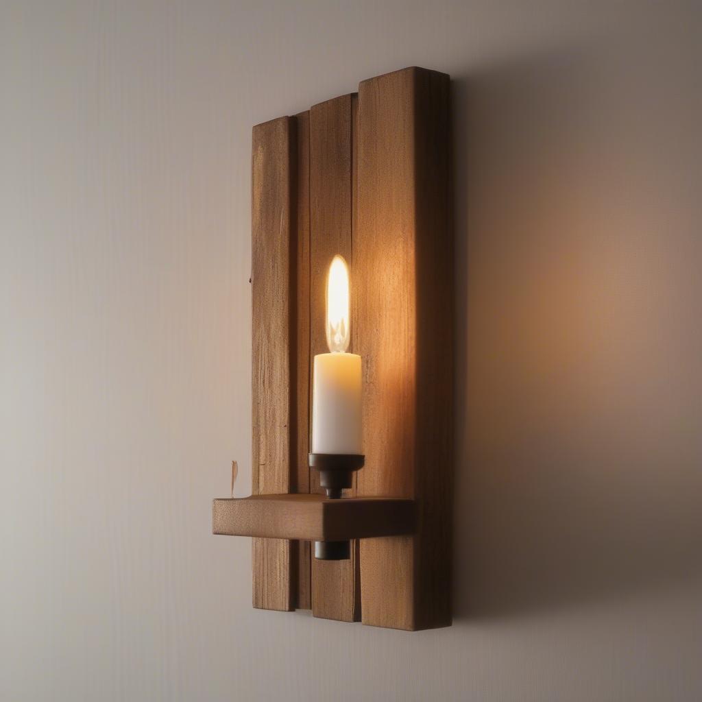 Rustic wood sconce illuminating a living room with warm, inviting light, enhancing the cozy atmosphere.