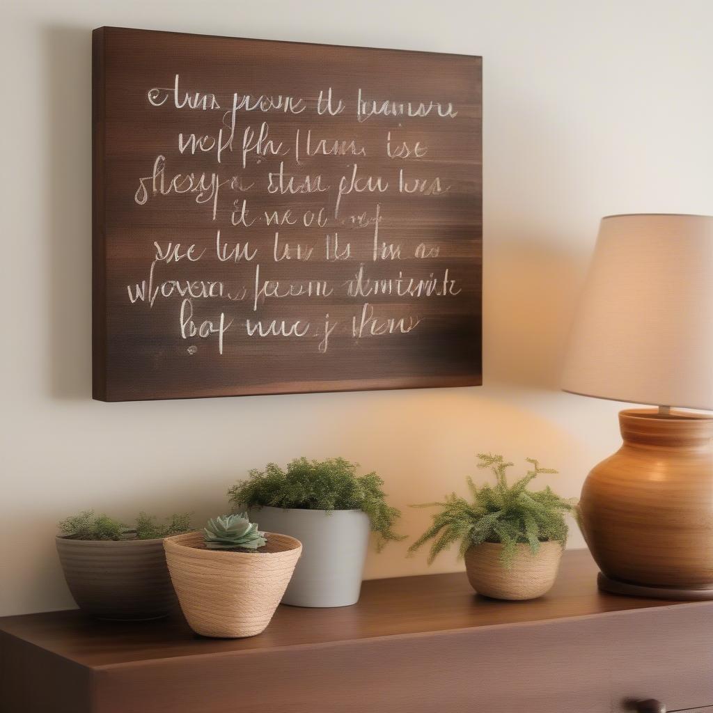 Rustic wood sign with an inspirational quote hanging in a cozy living room