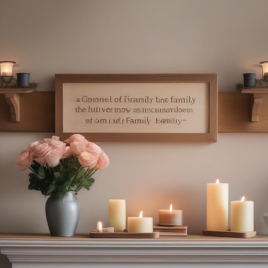 Rustic wood sign hanging above a fireplace in a cozy living room