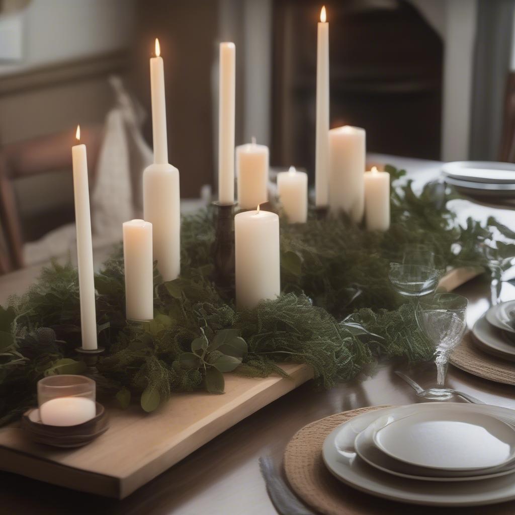 Rustic wood tray with candles as a centerpiece on a dining table