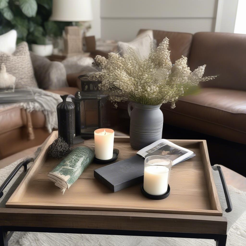 Rustic Wood Tray with Metal Handles in a Living Room Setting