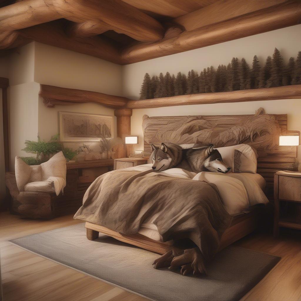 Rustic Wood Two Wolves Wall Art in Bedroom