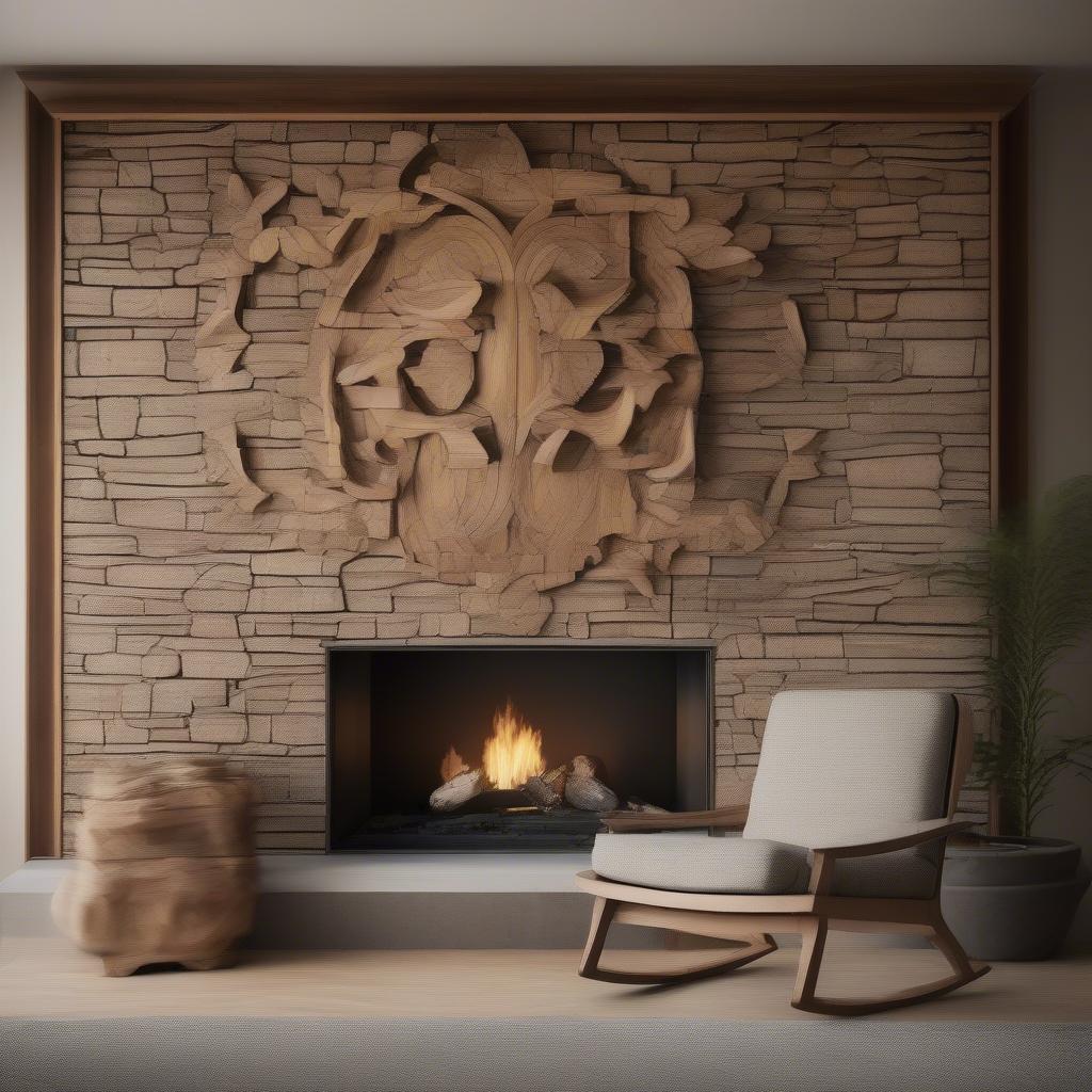 Rustic wood wall art hanging above a fireplace in a cozy living room