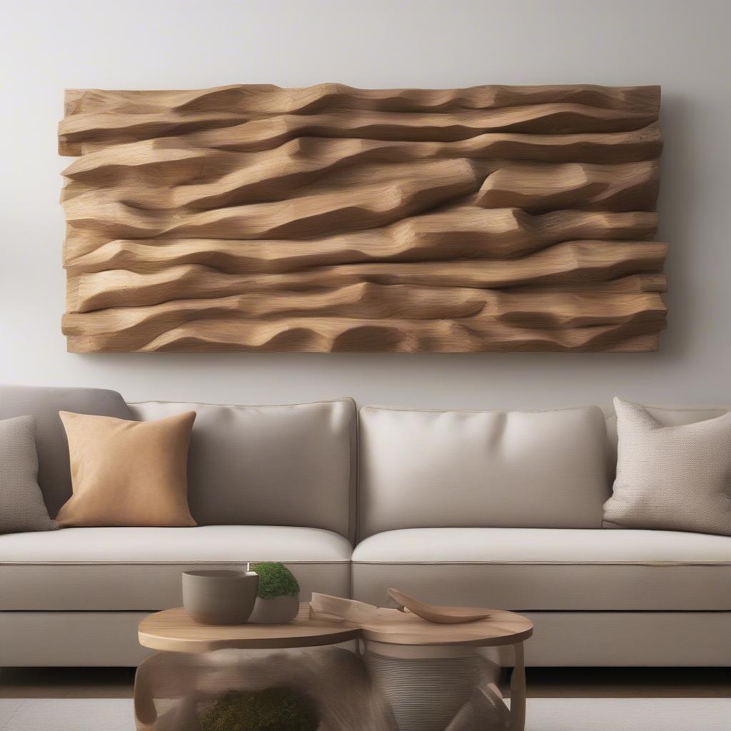 Rustic wood wall art hanging above a sofa in a living room, adding warmth and texture to the space.